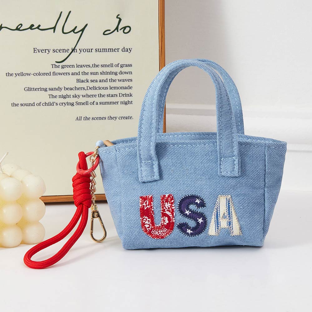 USA Letter Embroidered Mini Canvas Tote Bag Keychain Bag Charm