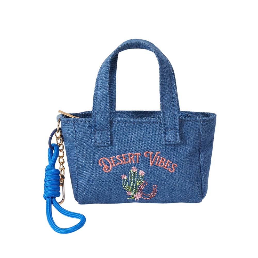 Desert Vibes Cactus Embroidered Mini Canvas Tote Bag Keychain Bag Charm