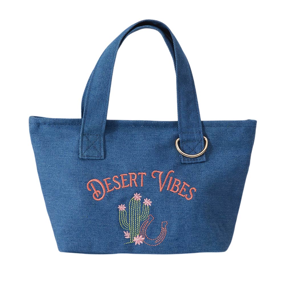 Desert Vibes Cactus Embroidered Small Canvas Tote Bag