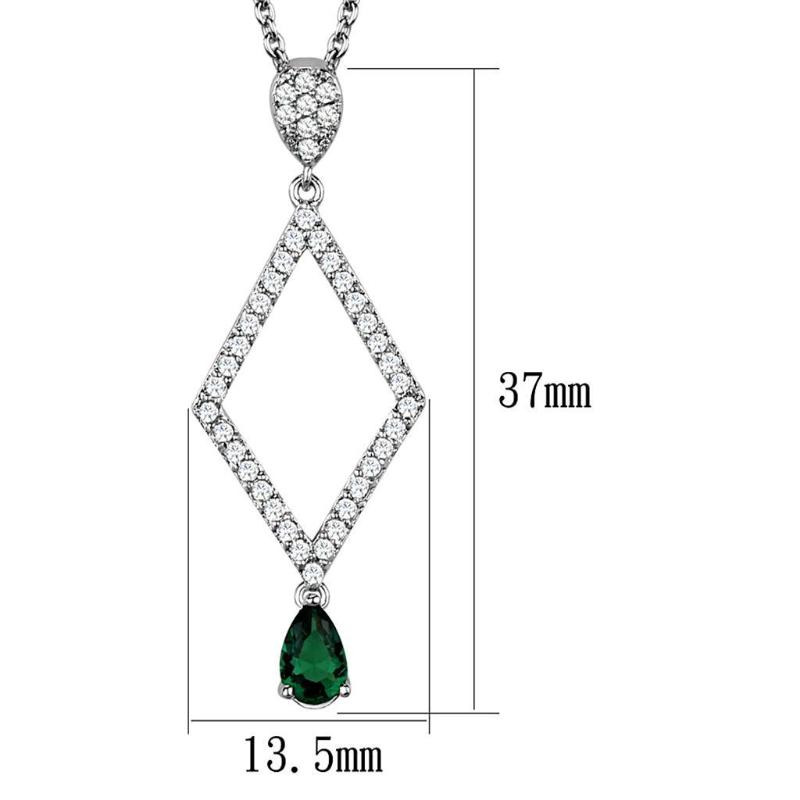 Rhodium Brass Chain Pendant with Synthetic Synthetic Glass in Emerald
