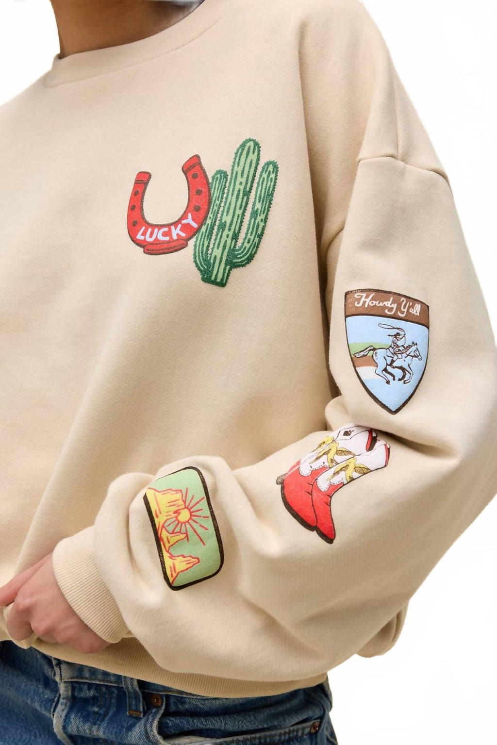 Western Patches Oversized Crew Sweatshirt In Beige