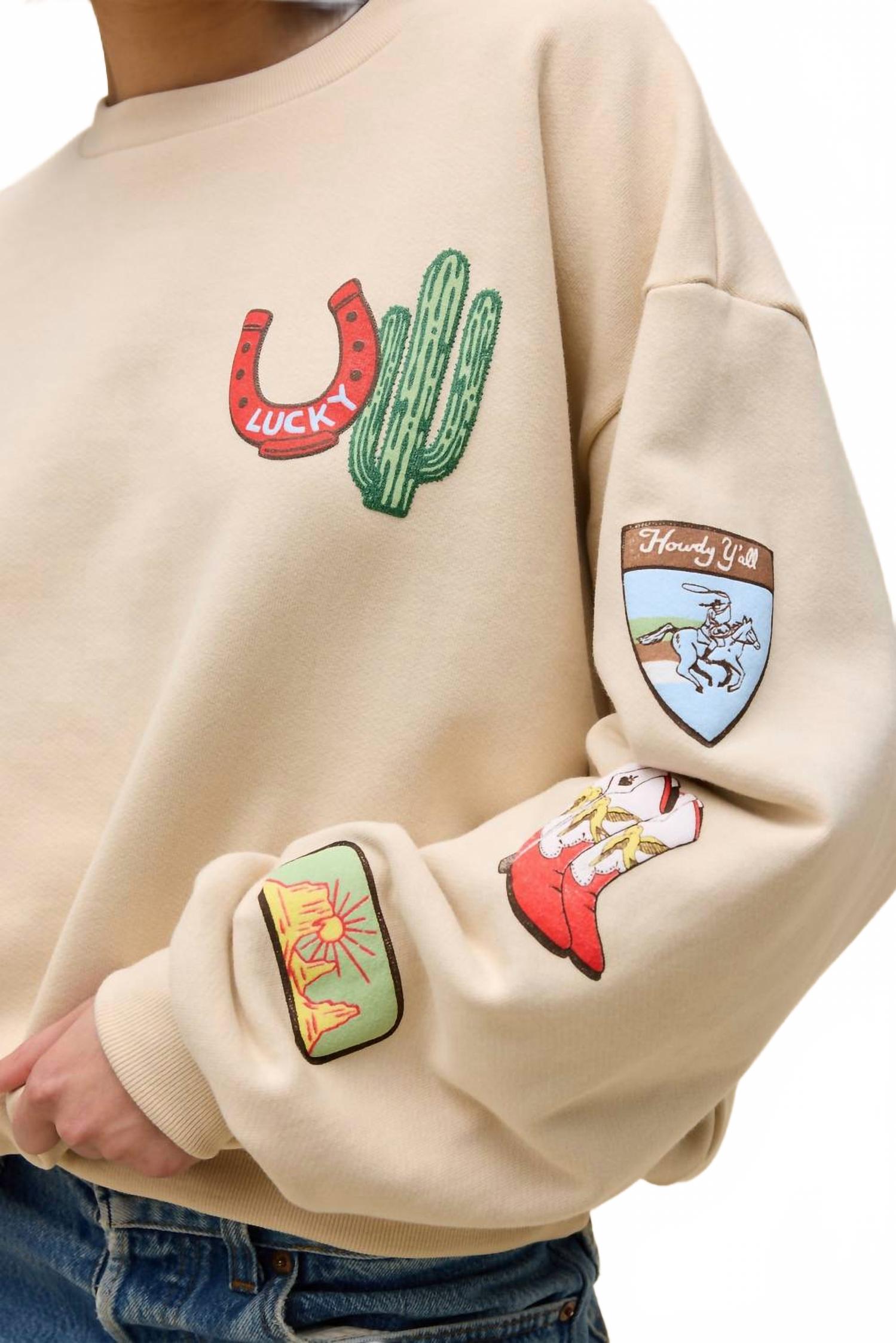 Western Patches Oversized Crew Sweatshirt In Beige