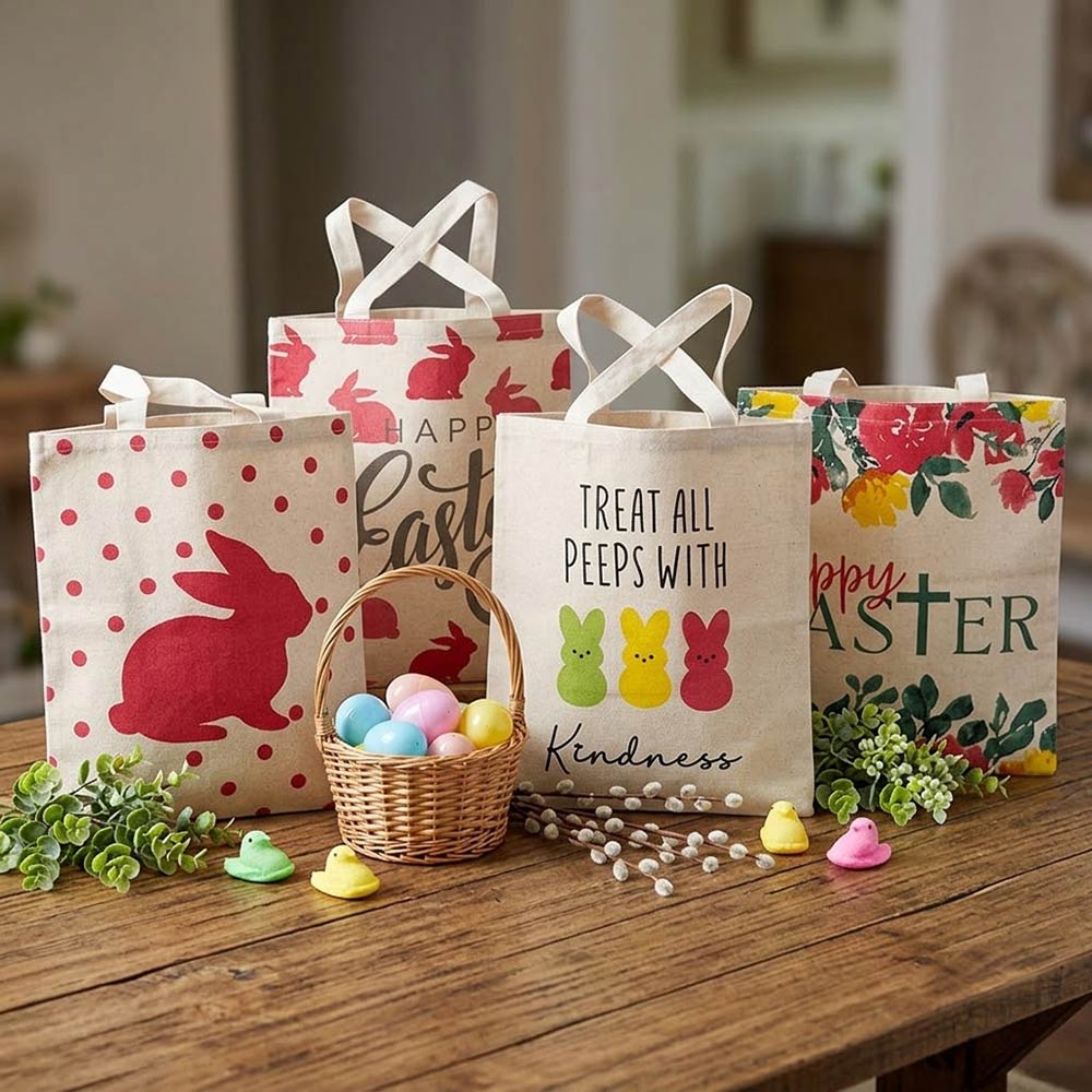 Easter Bunny Polka Dot Pattern Printed Canvas Shoulder Tote Bag