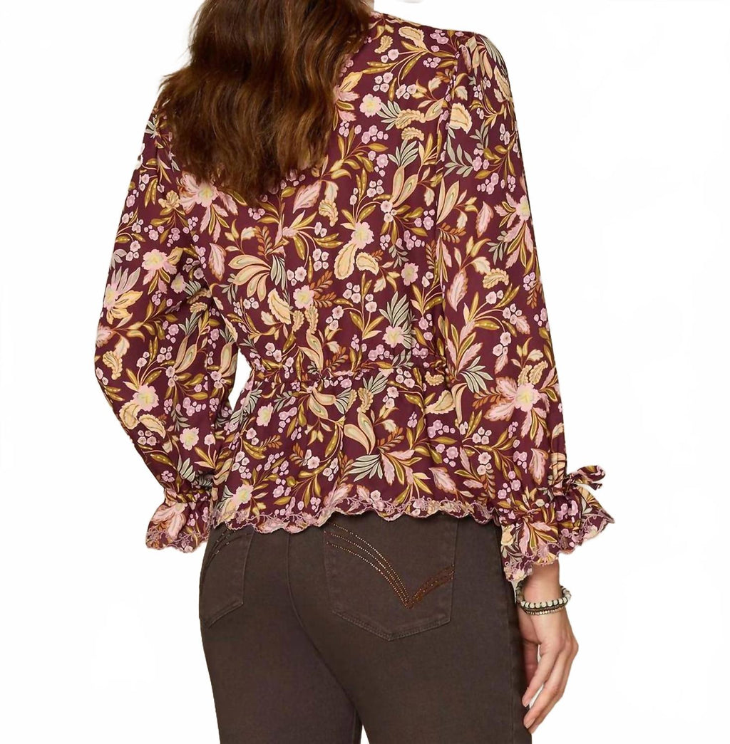 Long Tie Sleeve V-Neck Printed Woven Top In Floral