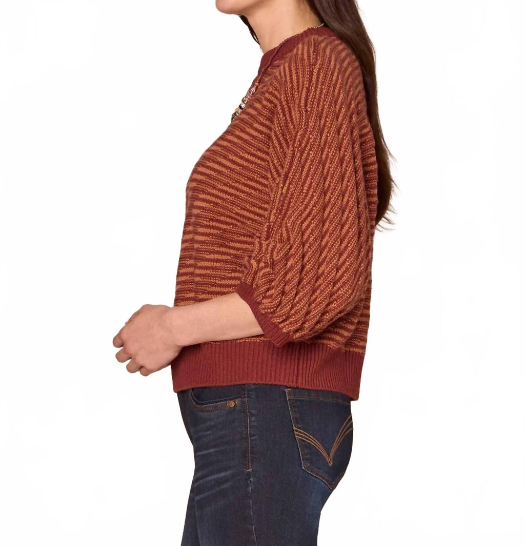 3/4 Dolman Sleeve Banded Hem Bias Stitch Sweater In Brown