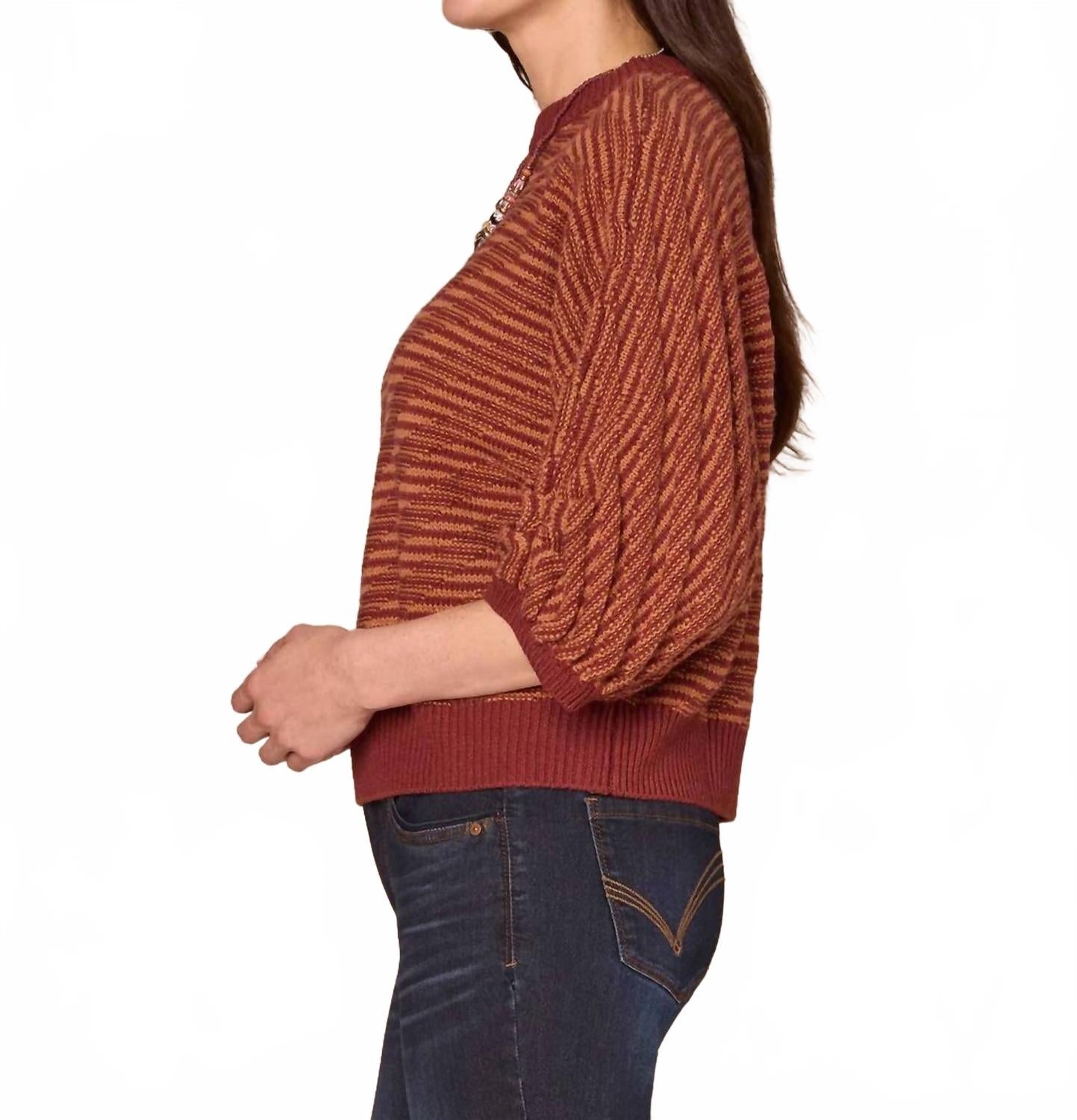 3/4 Dolman Sleeve Banded Hem Bias Stitch Sweater In Brown
