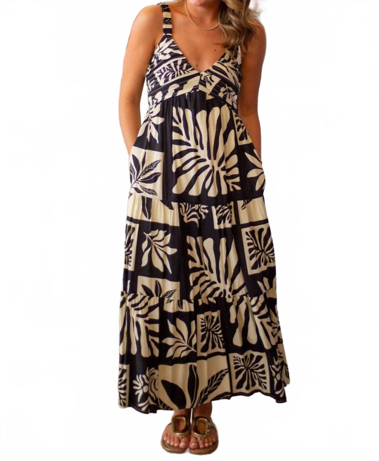 Tiered Print Maxi Dress In Black/beige