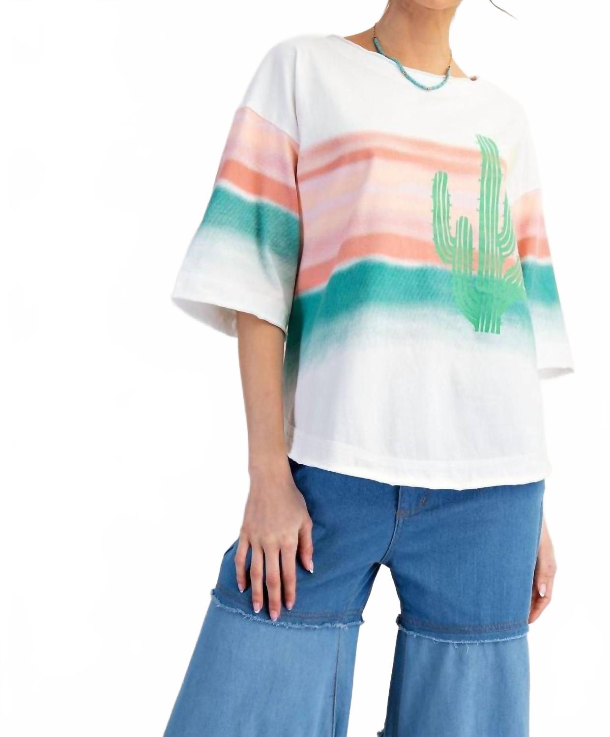 Graphic Western Soft Washed Cactus Top In White Multicolor