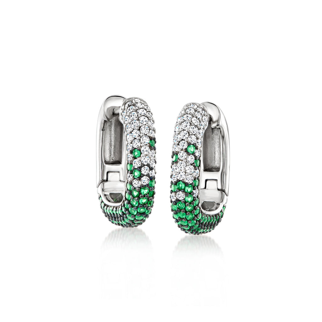 Ross-Simons Italian . Simulated Emerald and . CZ Square Hoop Earrings in Sterling Silver