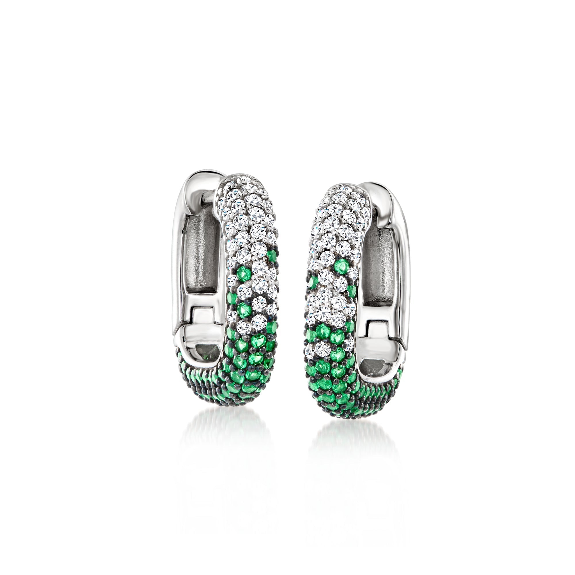 Ross-Simons Italian . Simulated Emerald and . CZ Square Hoop Earrings in Sterling Silver