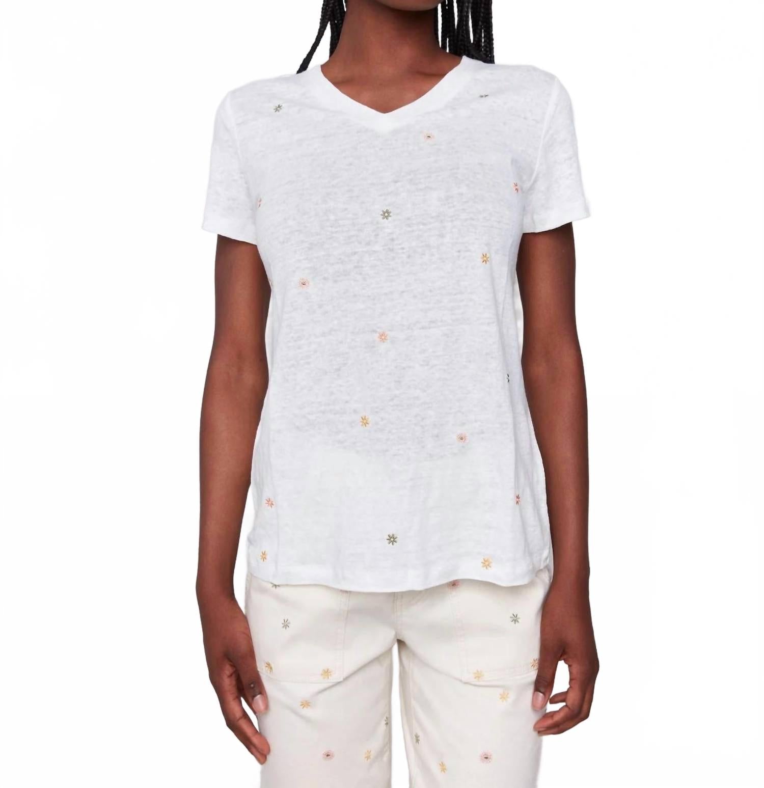 Short Sleeve Tee With Embroidered Flowers In Multi On Natural
