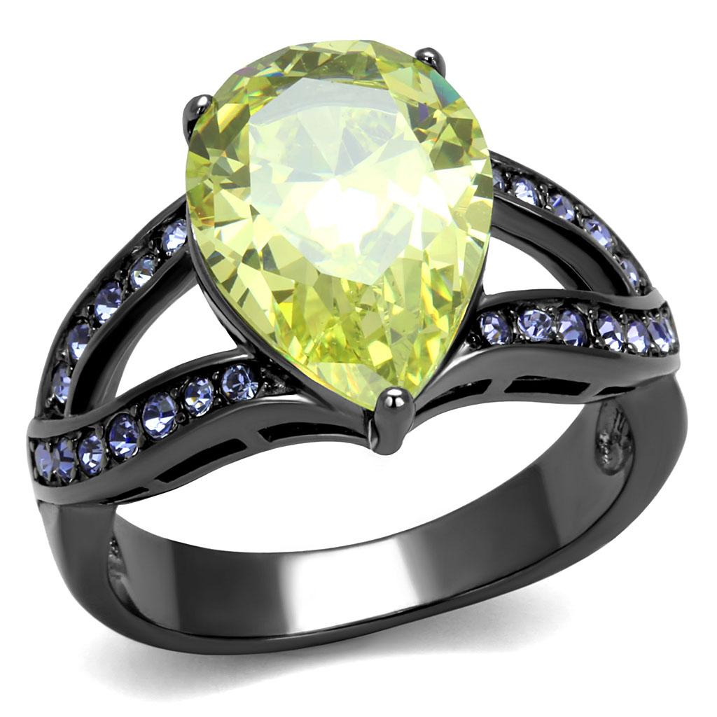 IP Light Black Stainless Steel Ring with AAA Grade CZ in Apple Green color