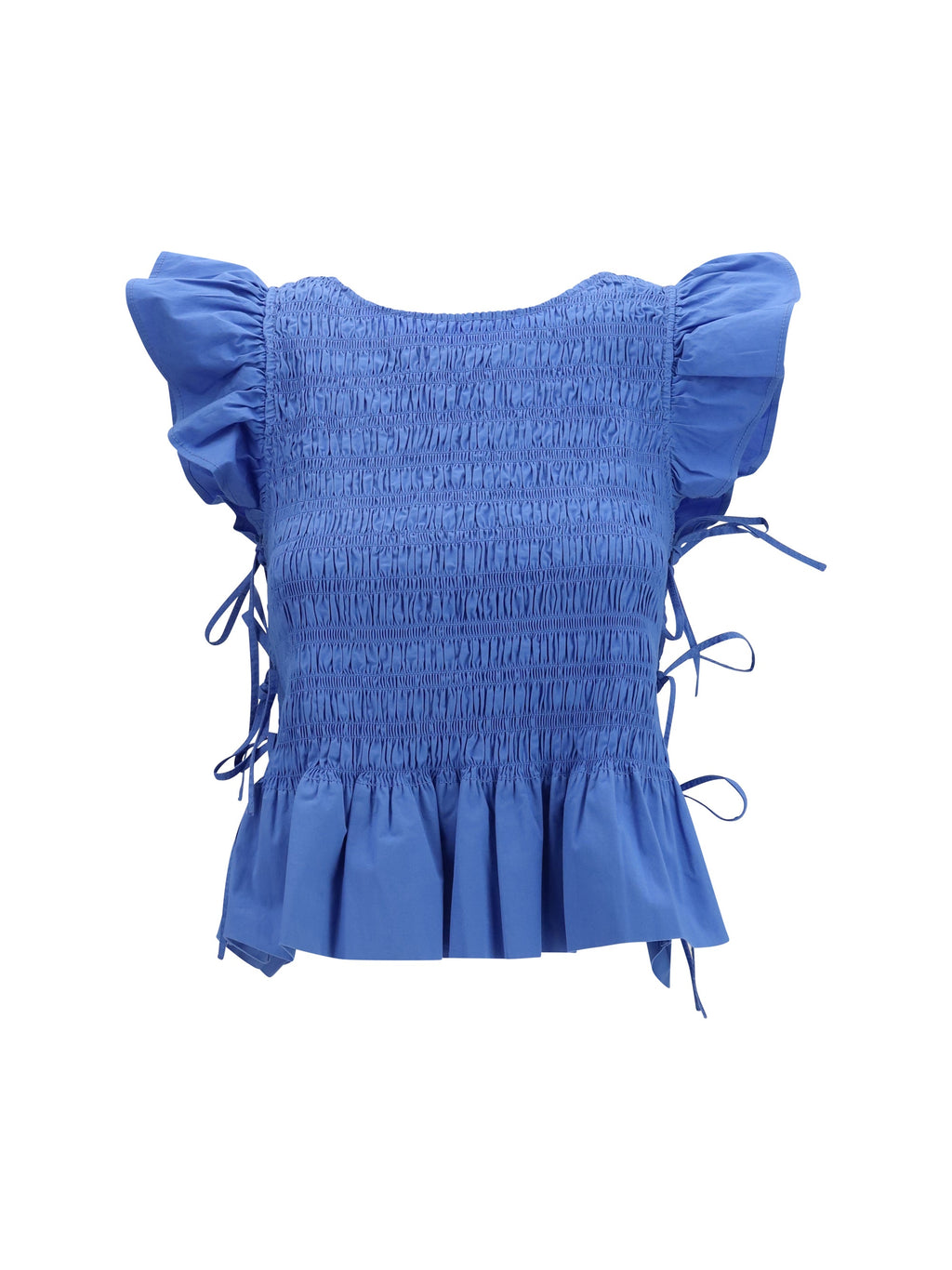 Ganni Women Ruched Cotton Top With Side Bows