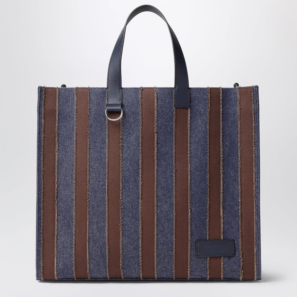Fendi Pequin Shopper Bag In Dark Blue Denim And Brown Canvas Men