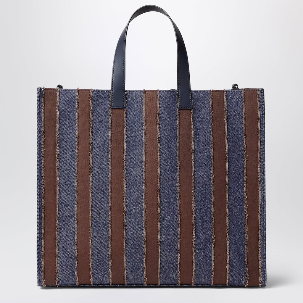 Fendi Pequin Shopper Bag In Dark Blue Denim And Brown Canvas Men