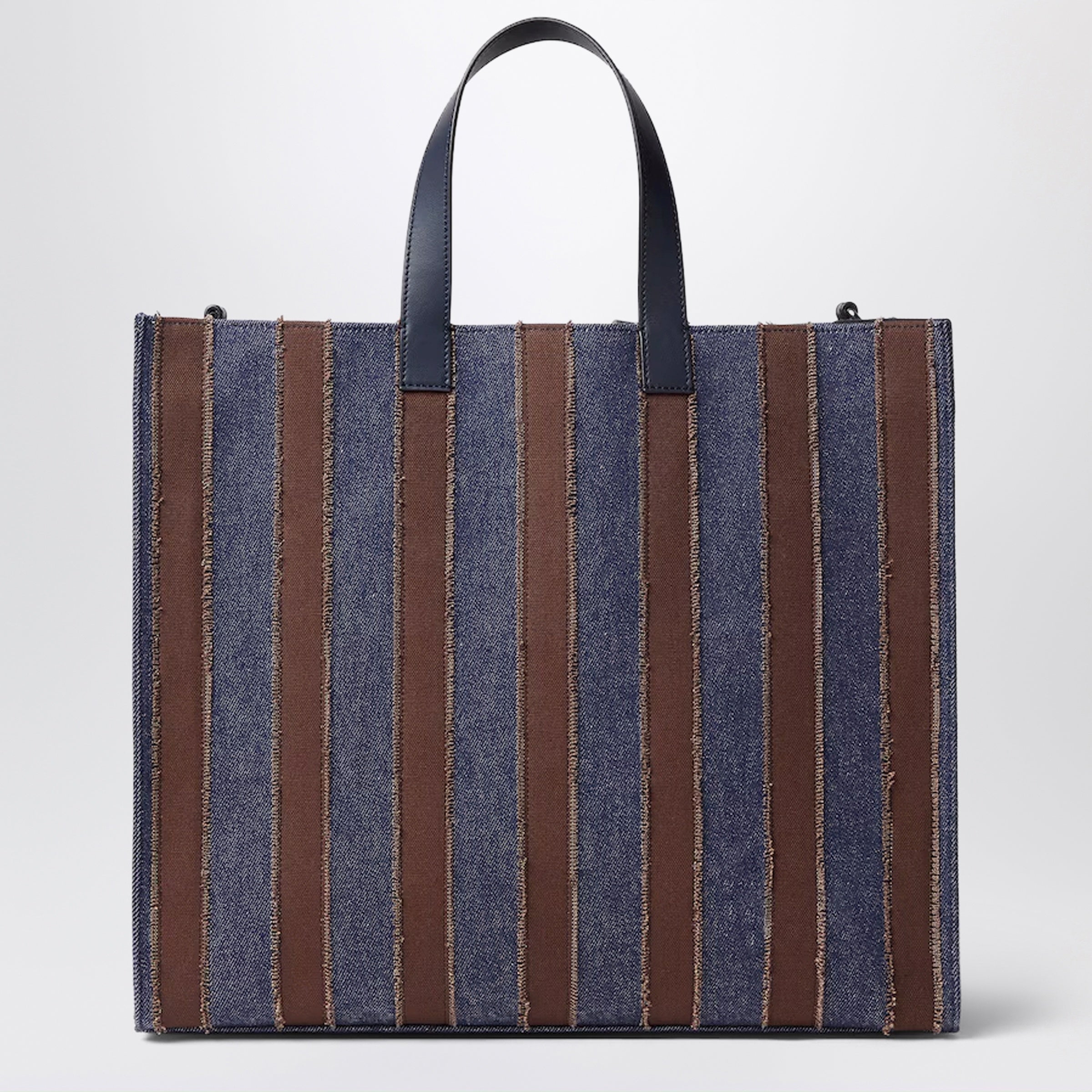 Fendi Pequin Shopper Bag In Dark Blue Denim And Brown Canvas Men
