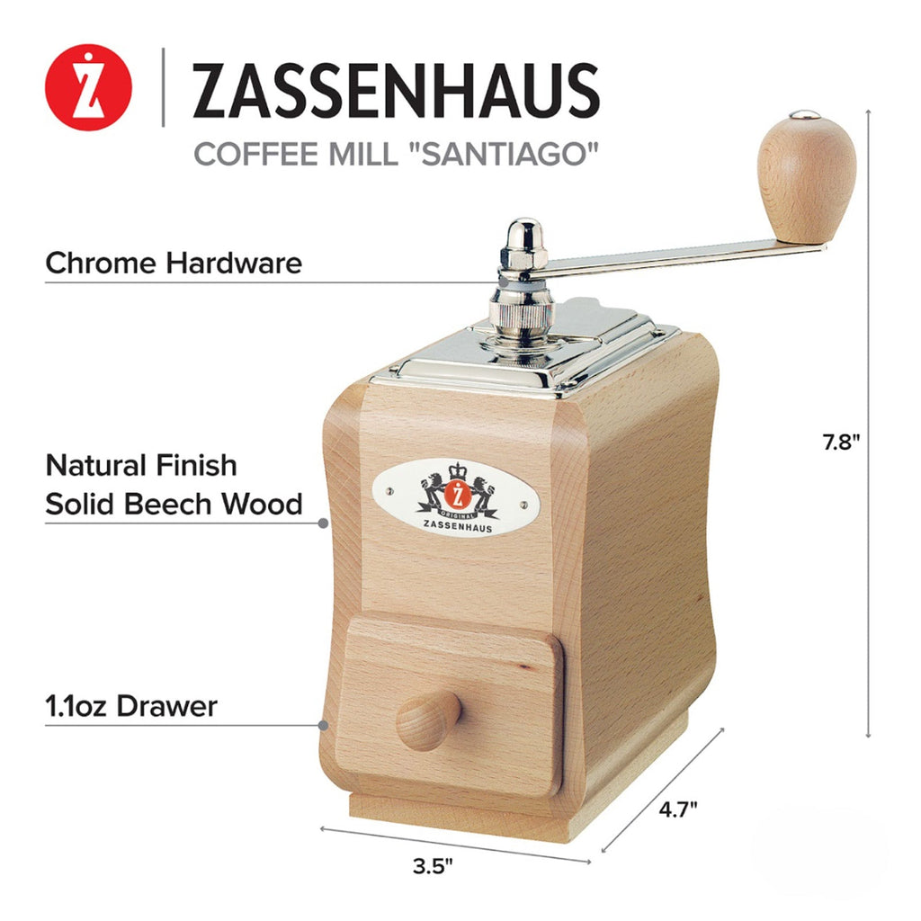 Zassenhaus Santiago Manual Hand Crank Coffee Mill and Grinder, Natural