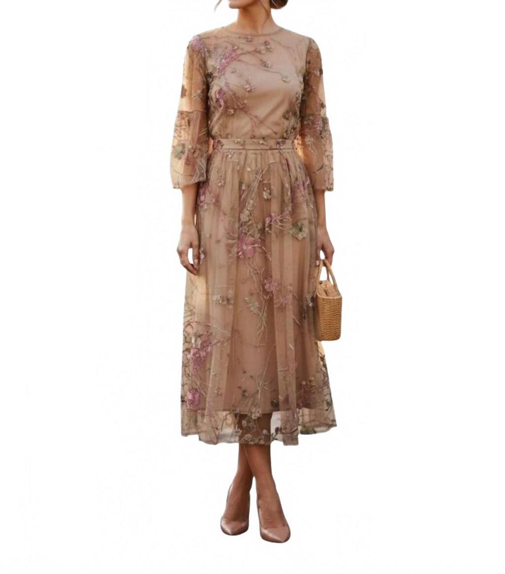 Sheer Floral Embroidered Midi Dress In Tan