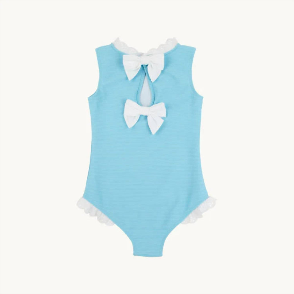 Girl's Sleeveless Sarasota Surf Swimsuit In Belhaven Blue With Worth Avenue White