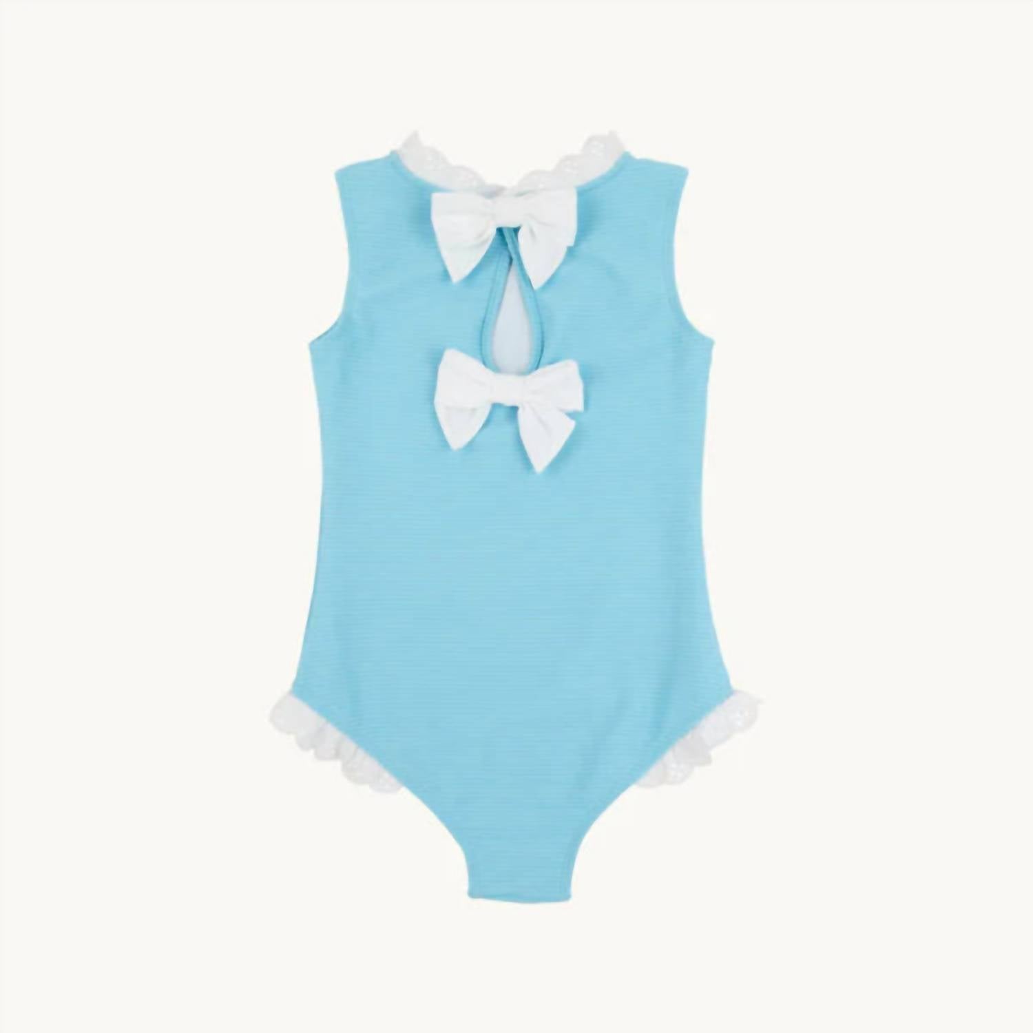 Girl's Sleeveless Sarasota Surf Swimsuit In Belhaven Blue With Worth Avenue White