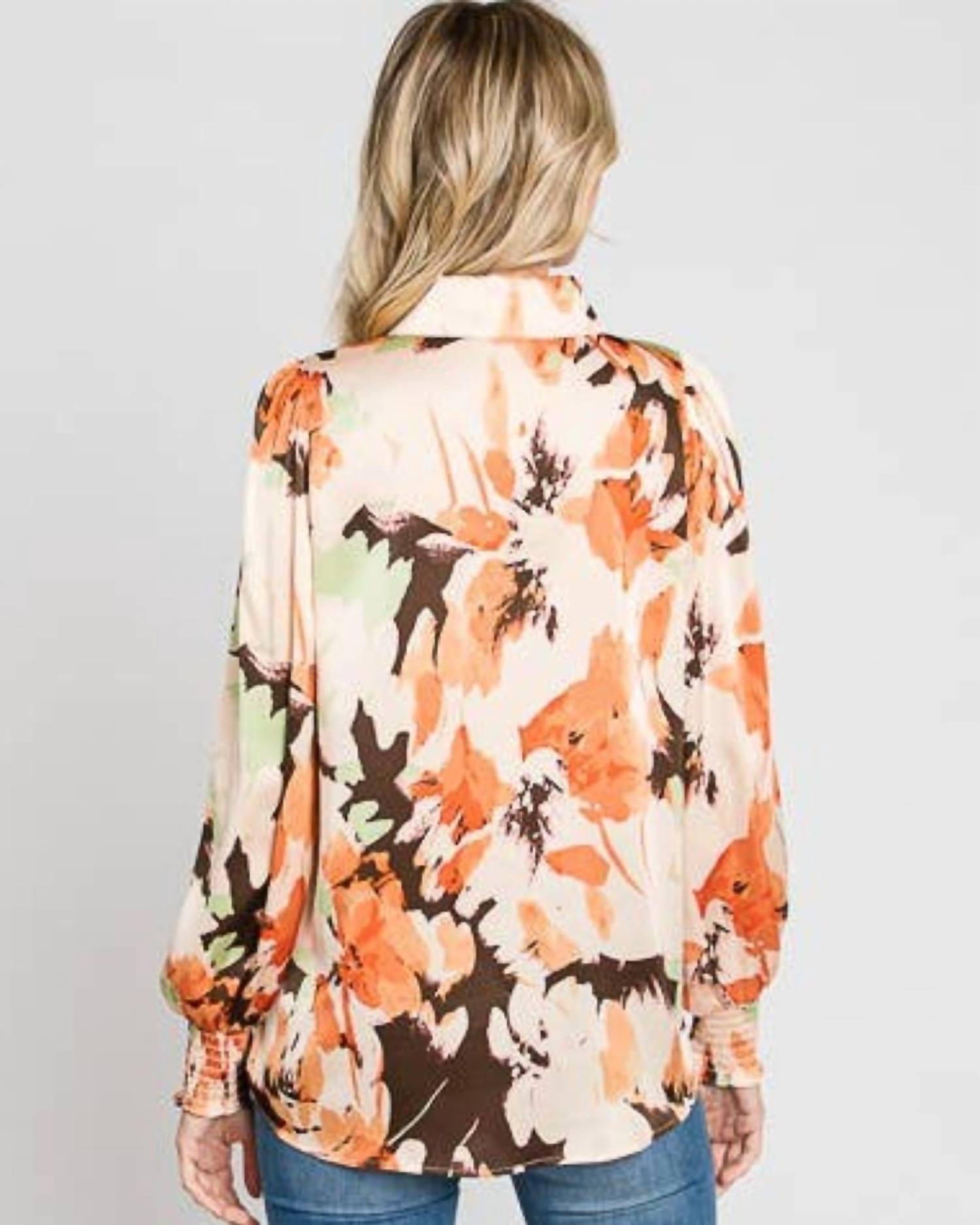 Floral Satin With Smocked Cuffs Shirt In Beige