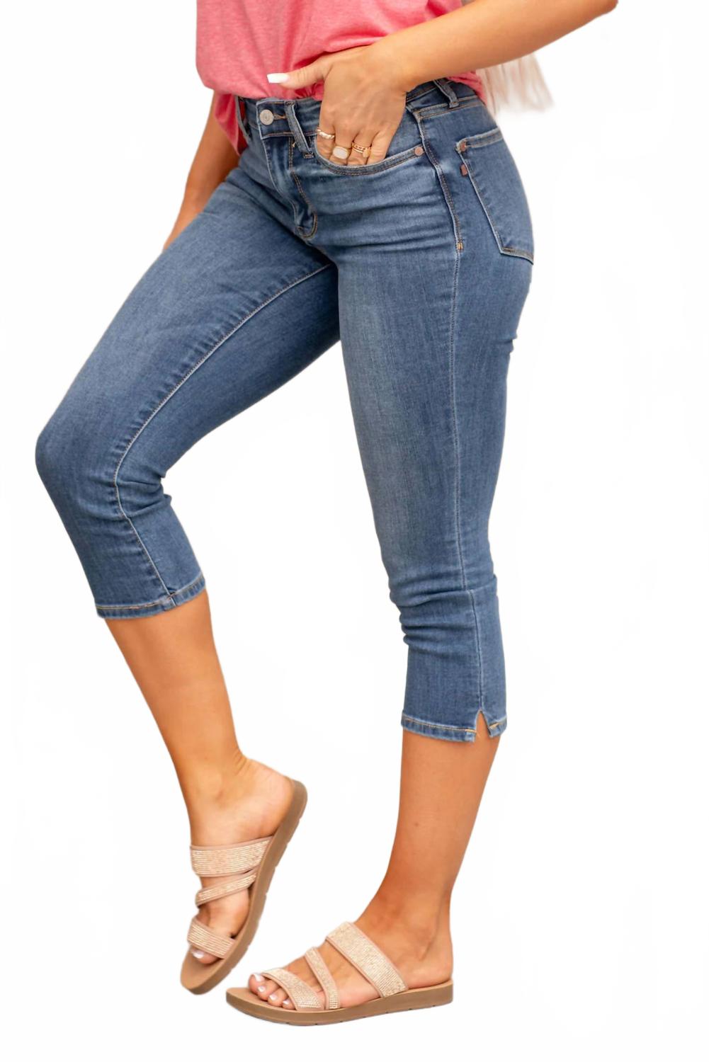 Mid Rise Skinny Capris In Medium Blue Wash