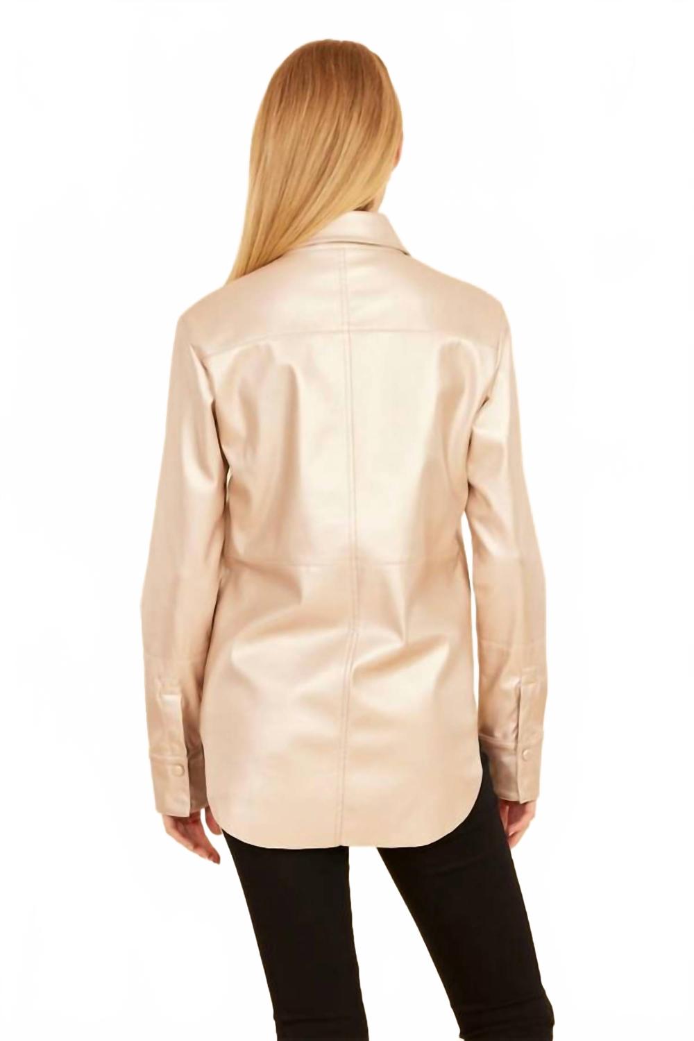 Vegan Leather Button Up Shirt In Pale Metallic Gold