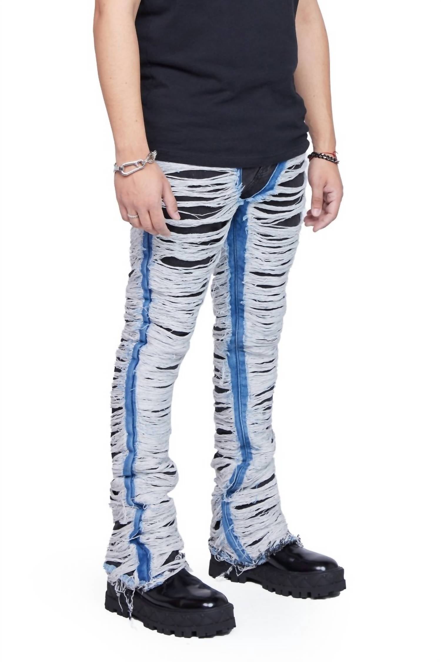Men's Ravaged Stacked Flare Jean In Black Blue