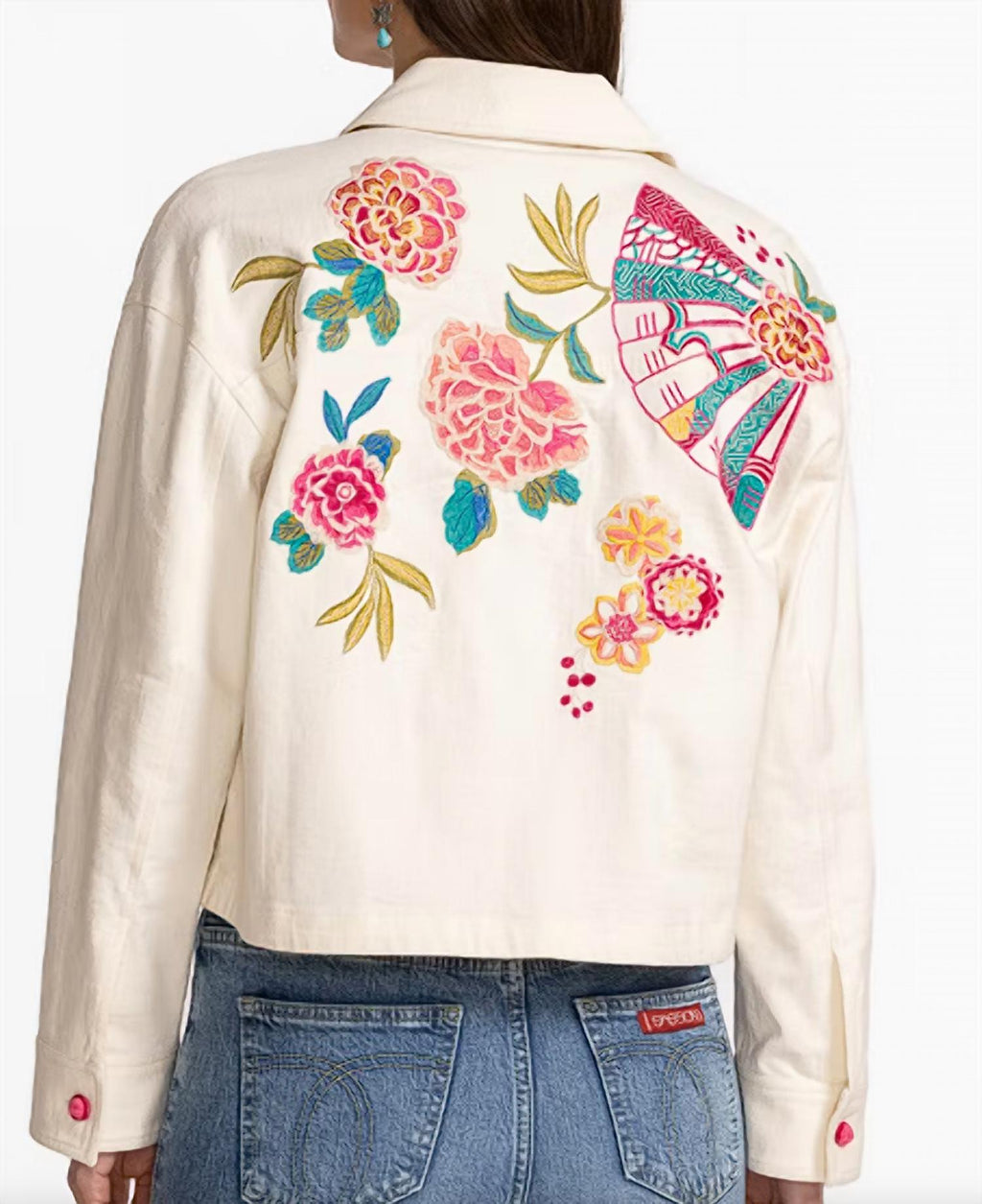 Crochet Cropped Denim Jacket In Beige