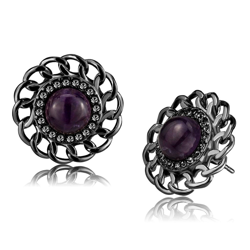 IP Light Black Stainless Steel Earrings with Semi-Precious Amethyst Crystal in Amethyst