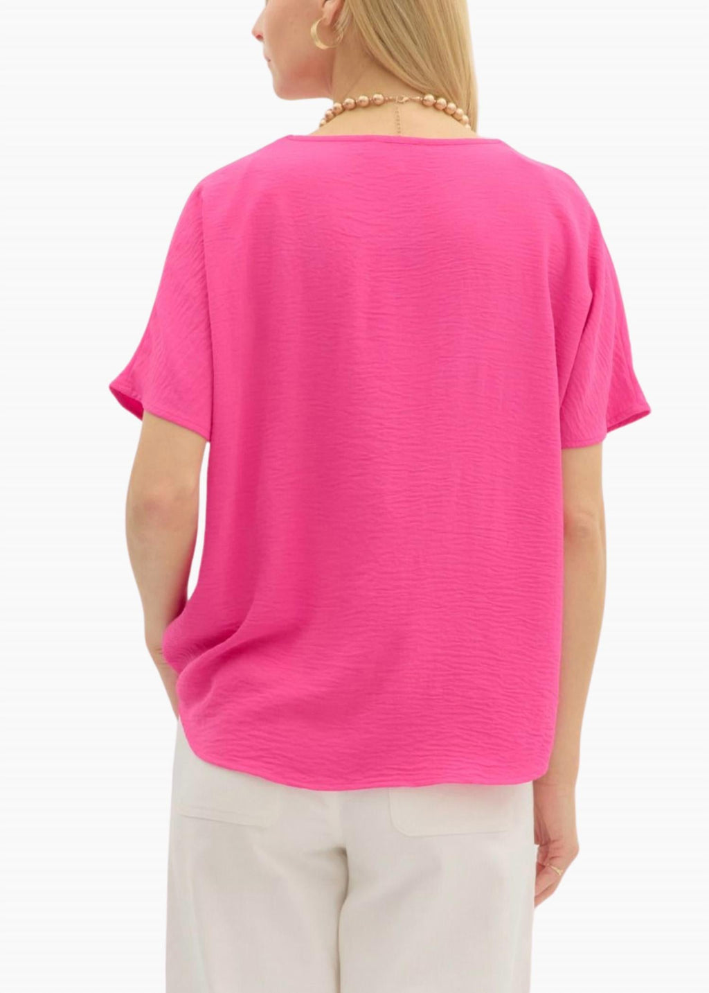 Dana V-Neck Short Sleeve Pullover Top In Hot Pink