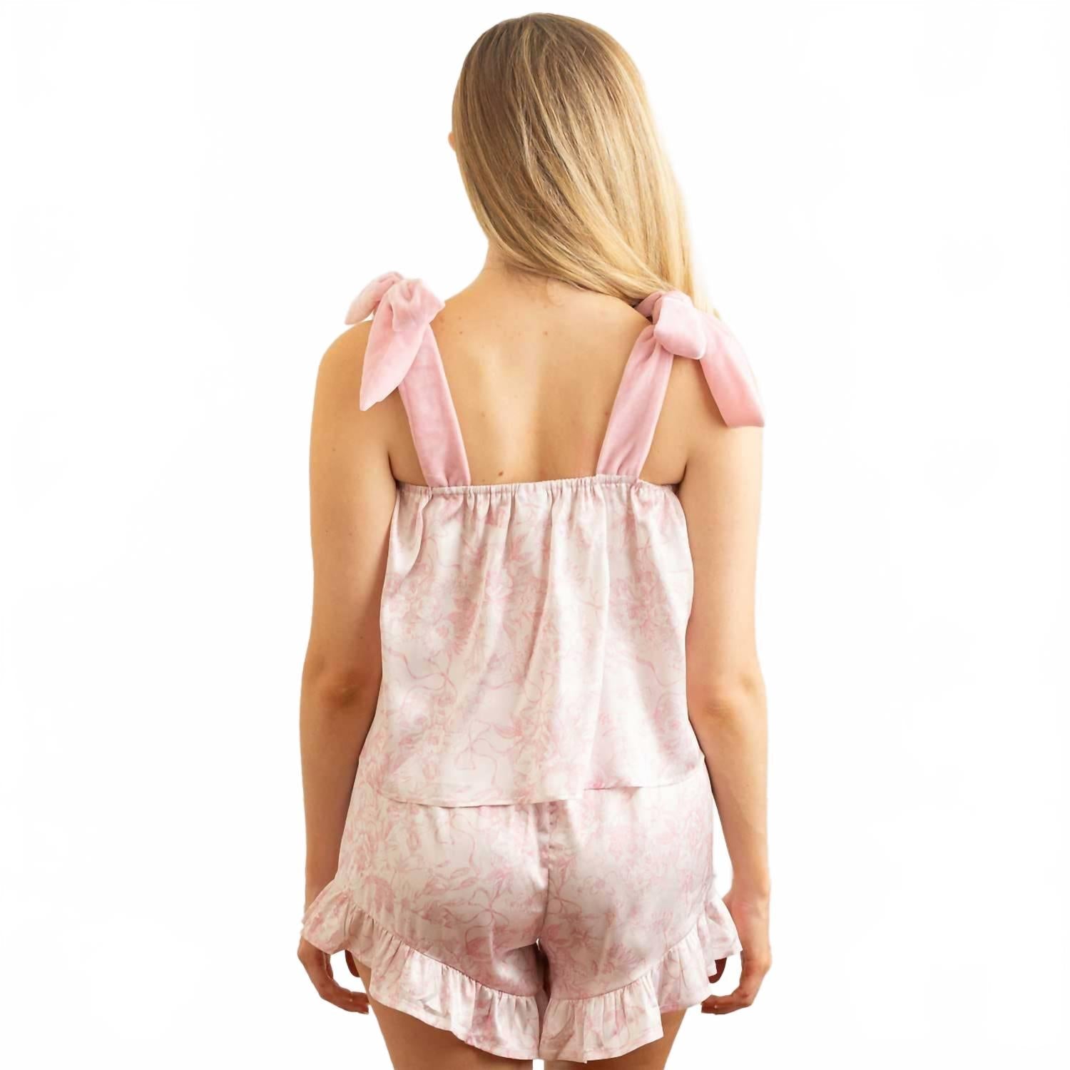 Satin Tie Top Pajama Short Set In Pink Bow Toile