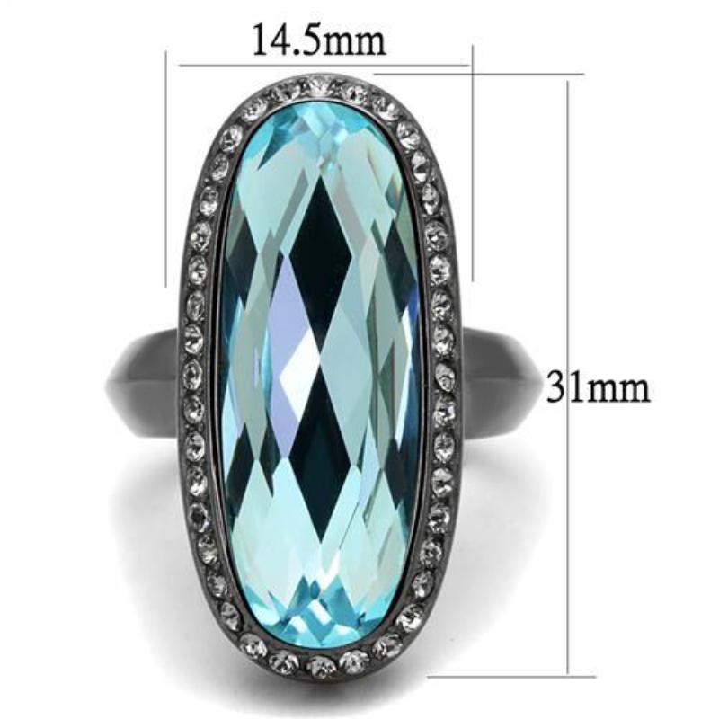 IP Light Black Stainless Steel Ring with Top Grade Crystal in Sea Blue