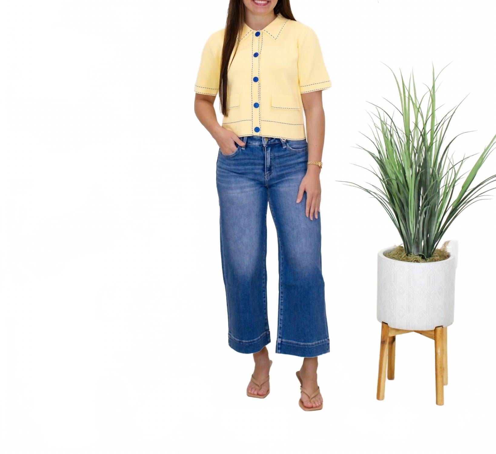 Stitch Button Up Sweater In Yellow