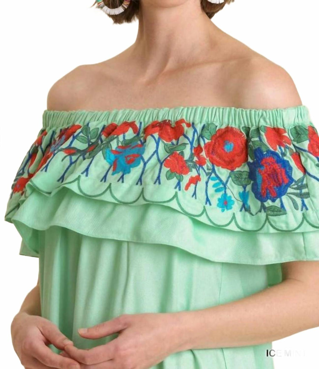 Floral Embroidered Ruffled Dress In Mint