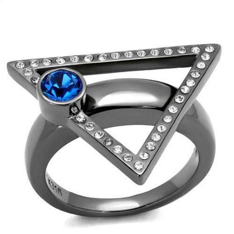 IP Light Black Stainless Steel Ring with Top Grade Crystal in Capri Blue