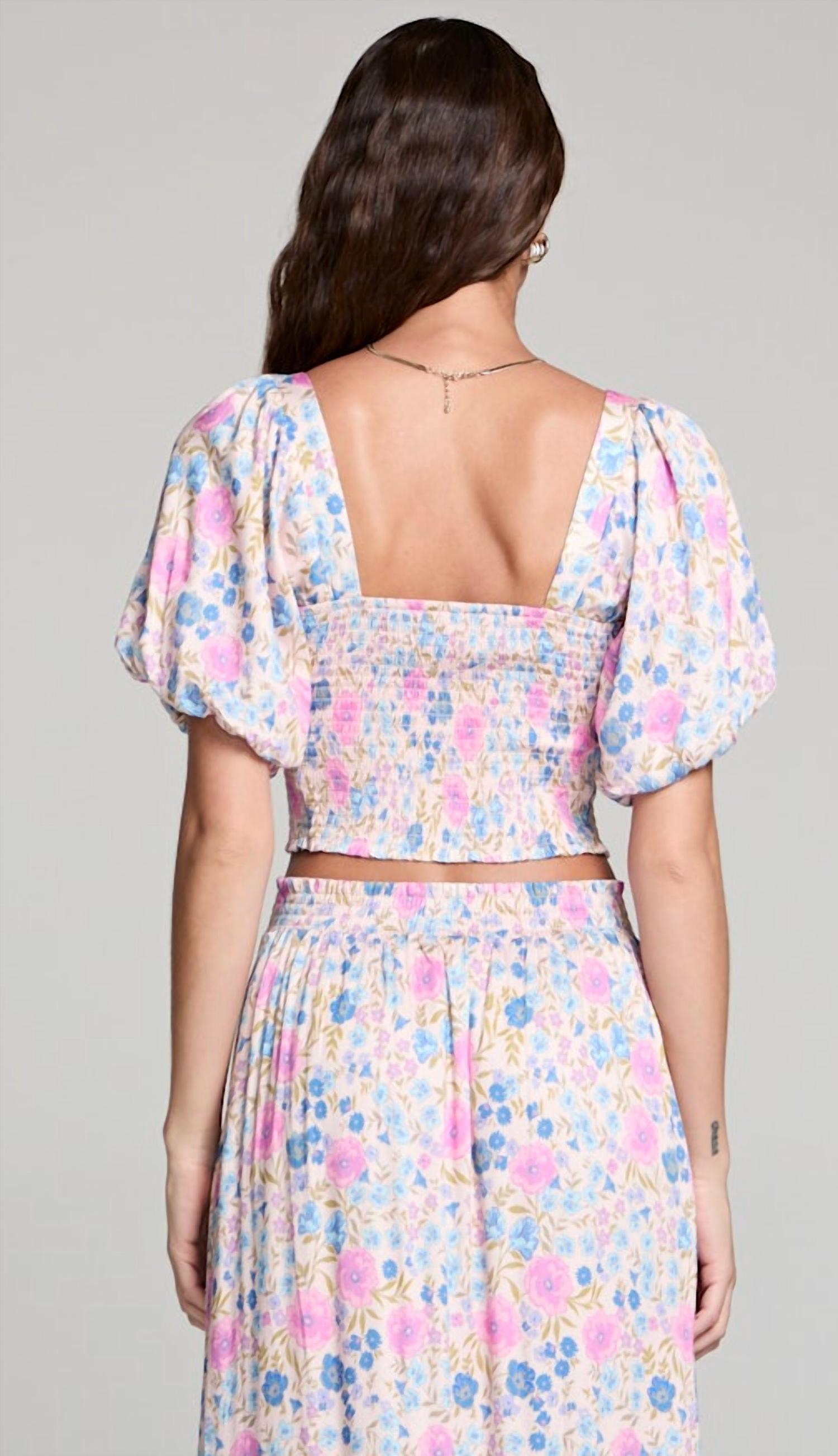 Elysia Puff Sleeve Top In Multi Velvet Iris