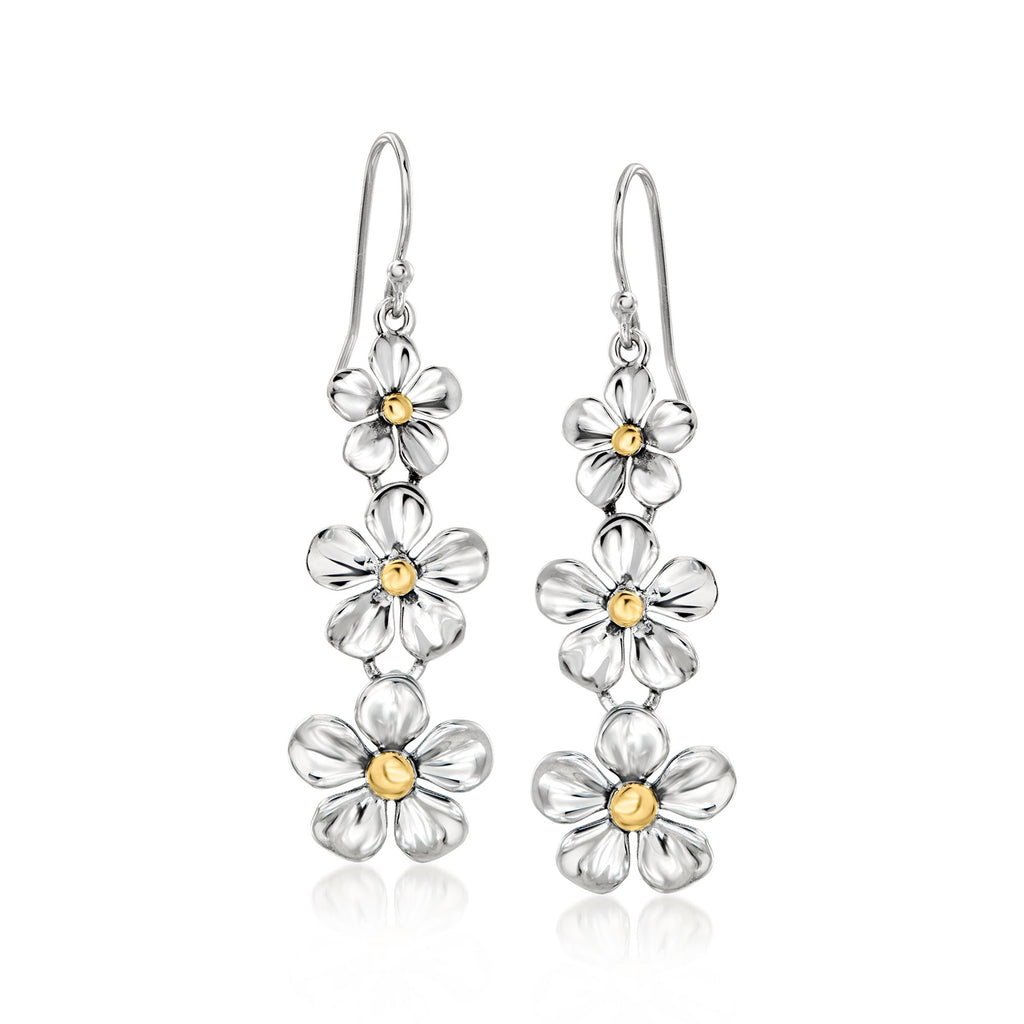 Ross-Simons Sterling Silver and 18kt Gold Over Sterling Graduated Flower Drop Earrings