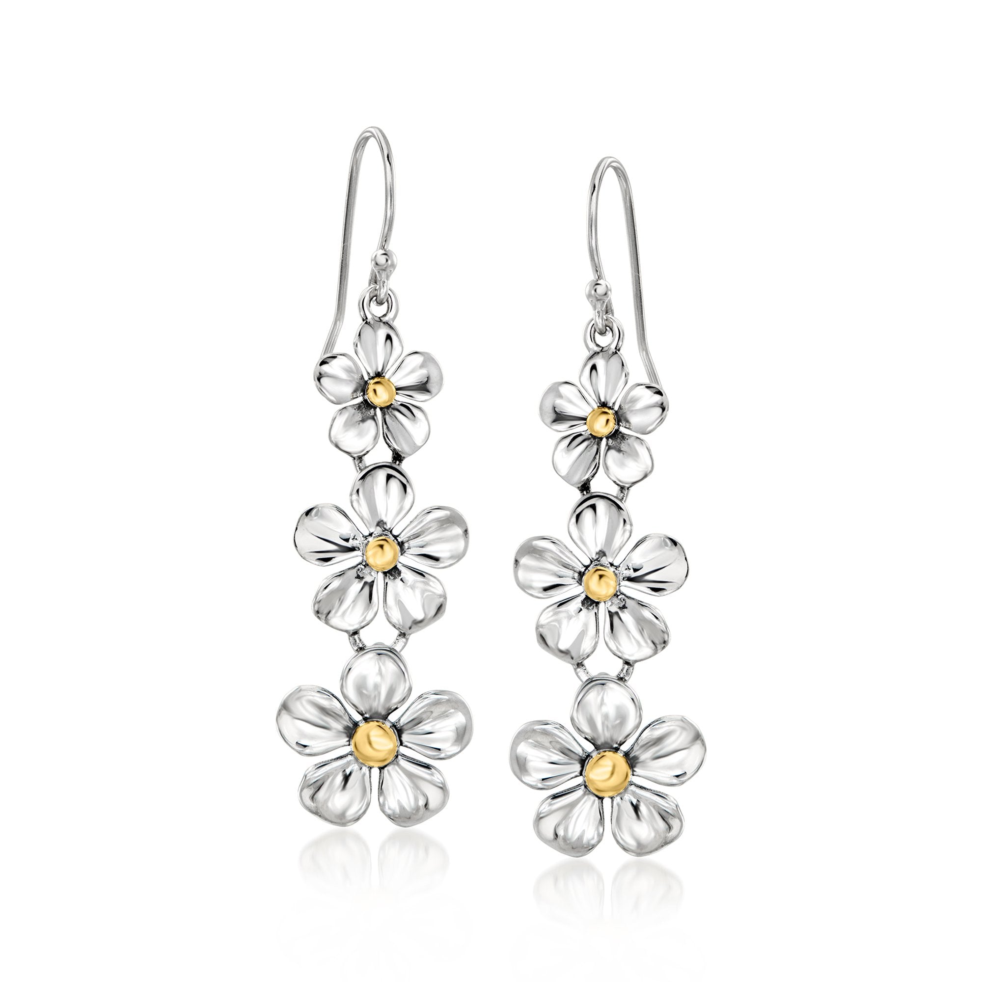 Ross-Simons Sterling Silver and 18kt Gold Over Sterling Graduated Flower Drop Earrings