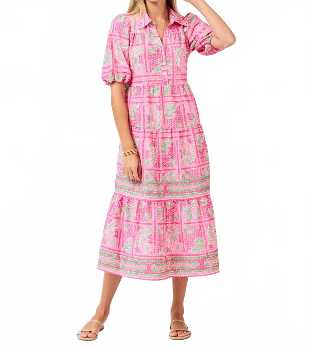 Eloise Tiered Midi Dress In Trellis Tiles Pink