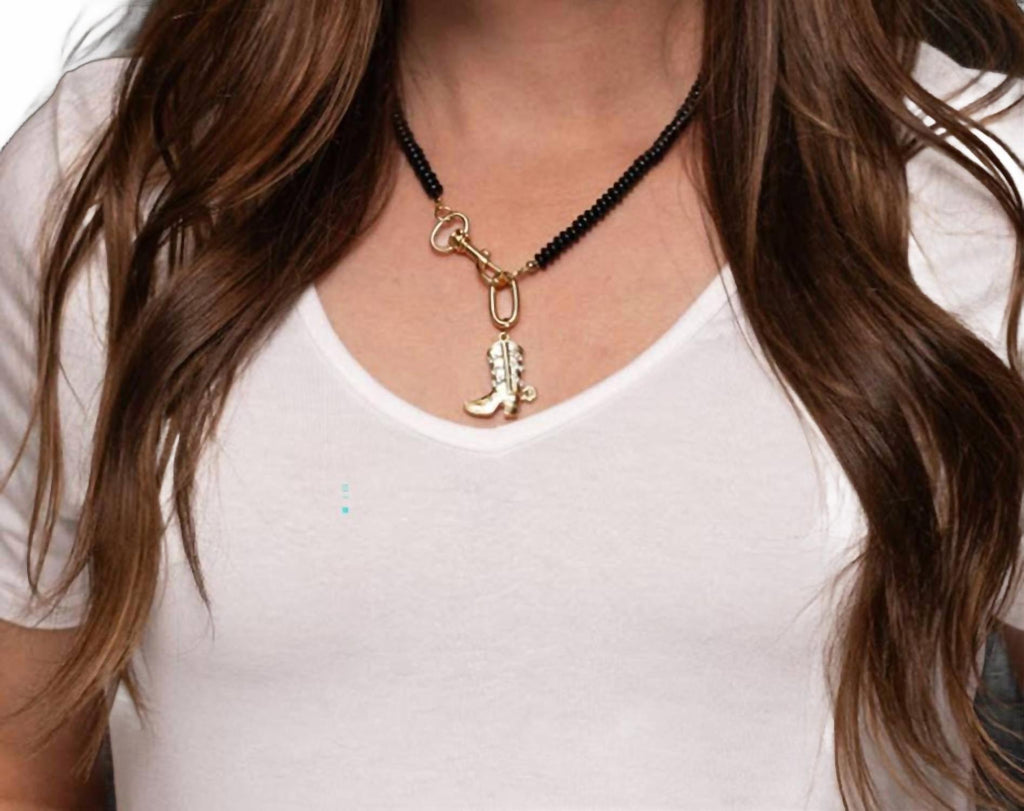 Women's Beaded Necklace Cowboy Boot Pendant In Black/gold
