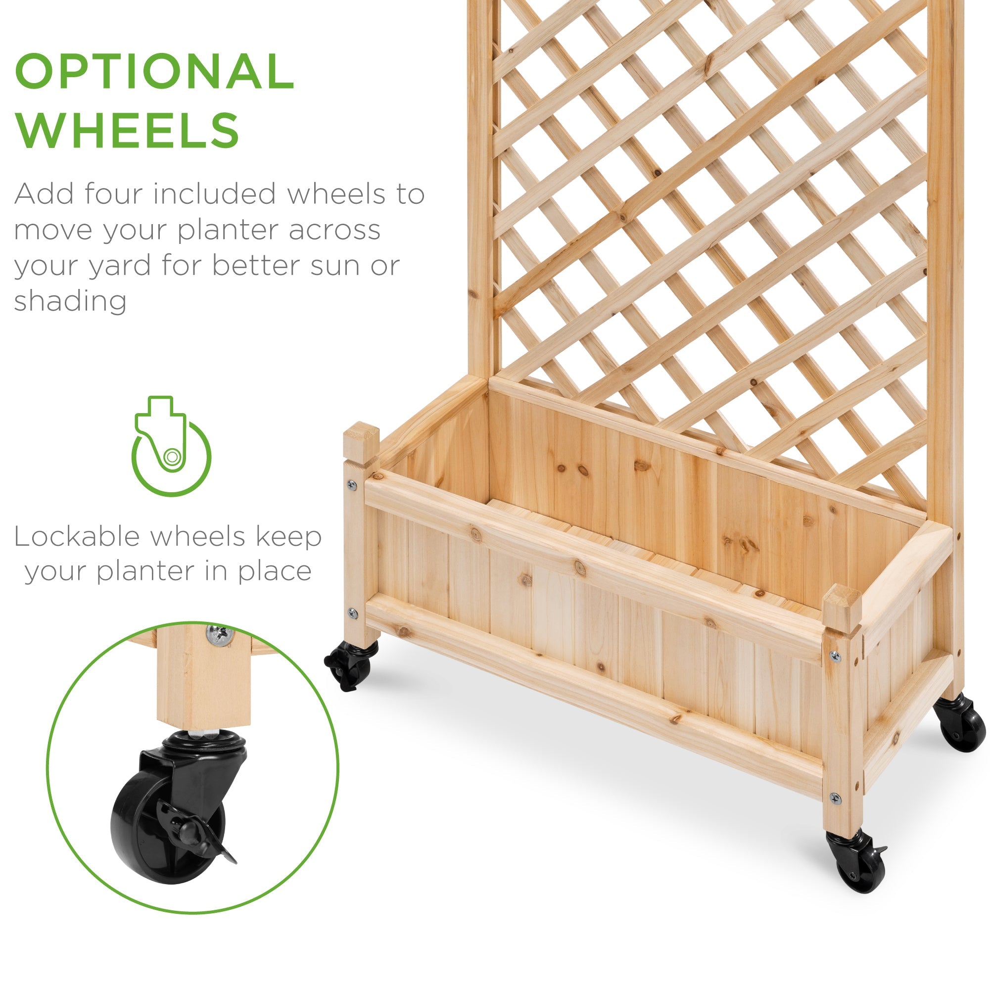Best Choice Products Set of 2 48in Wood Planter Box & Diamond Lattice Trellis, w/ Drainage, Optional Wheels - Natural