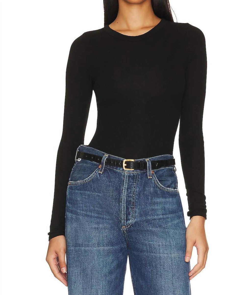 Slit Neck Long Sleeve Crew Top In Black