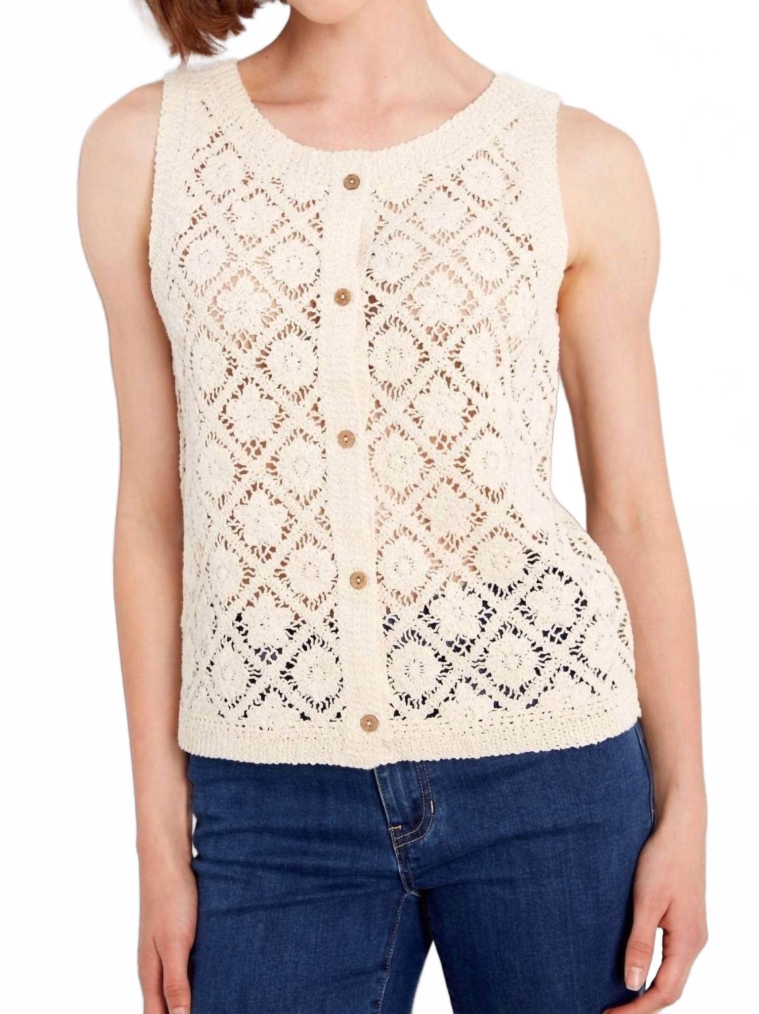 Reversible Crochet Button Up Sleeveless Vest In Natural