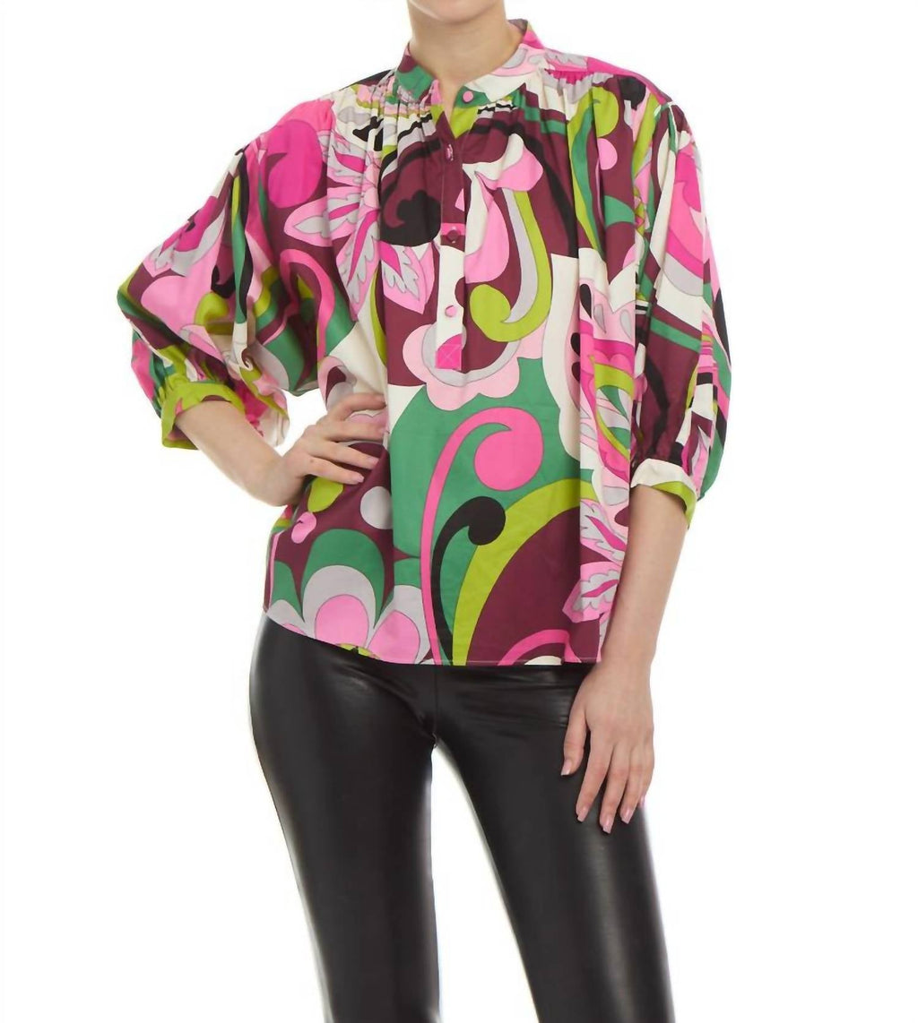 Lola Ruffle Neck Blouse In Pink Multi