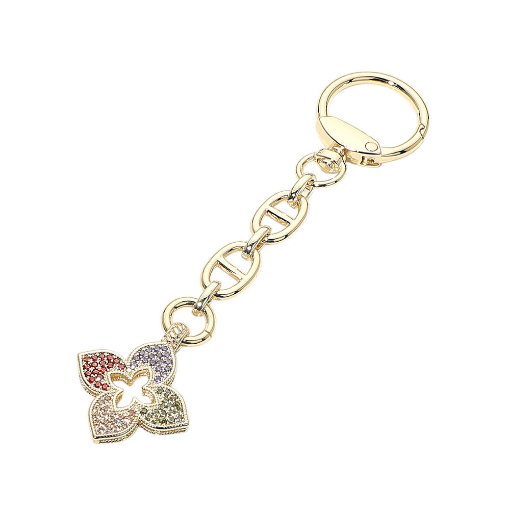 14K Gold Plated Colorful CZ Pave Floral Drop Keychain Bag Charm