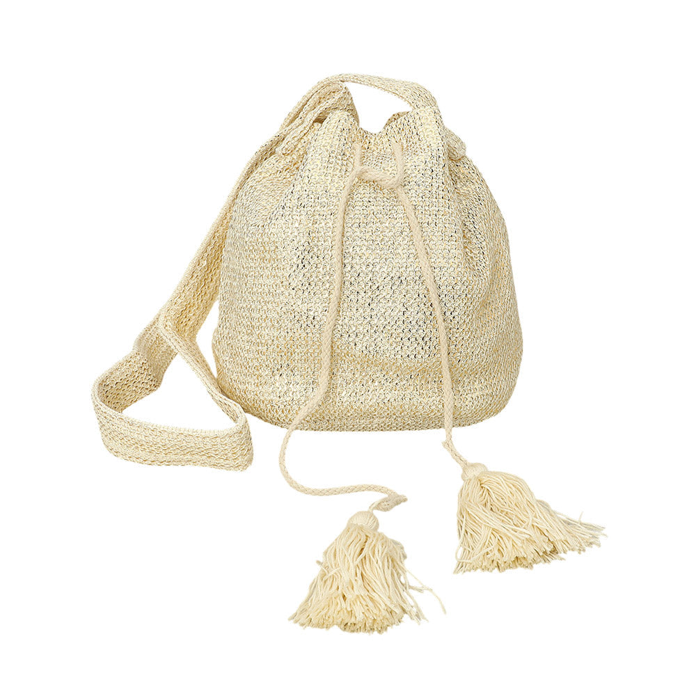 Metallic Woven Tassel Bucket Crossbody Bag