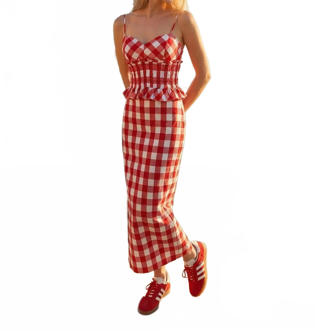 Gingham Sweetheart Top And Midi Skirt Set In Red/white