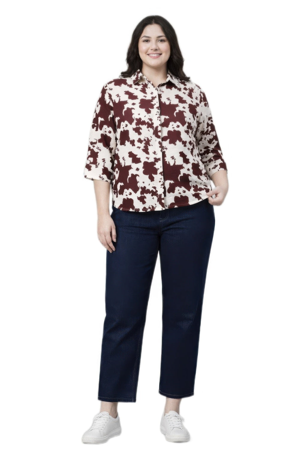 Cow Print 3/4 Sleeve Button-up Shirt