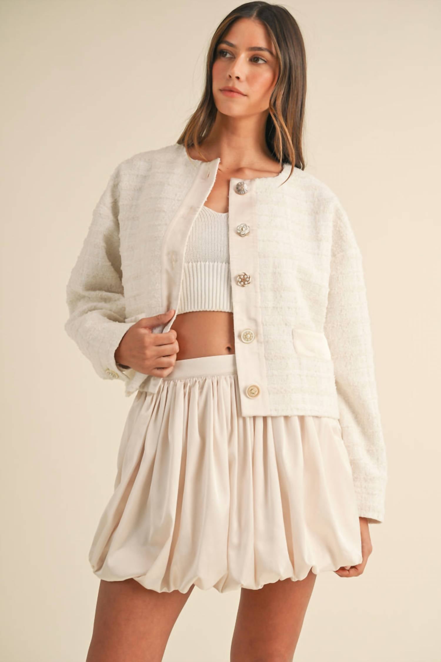 Jewel Button Up Tweed Jacket In Cream